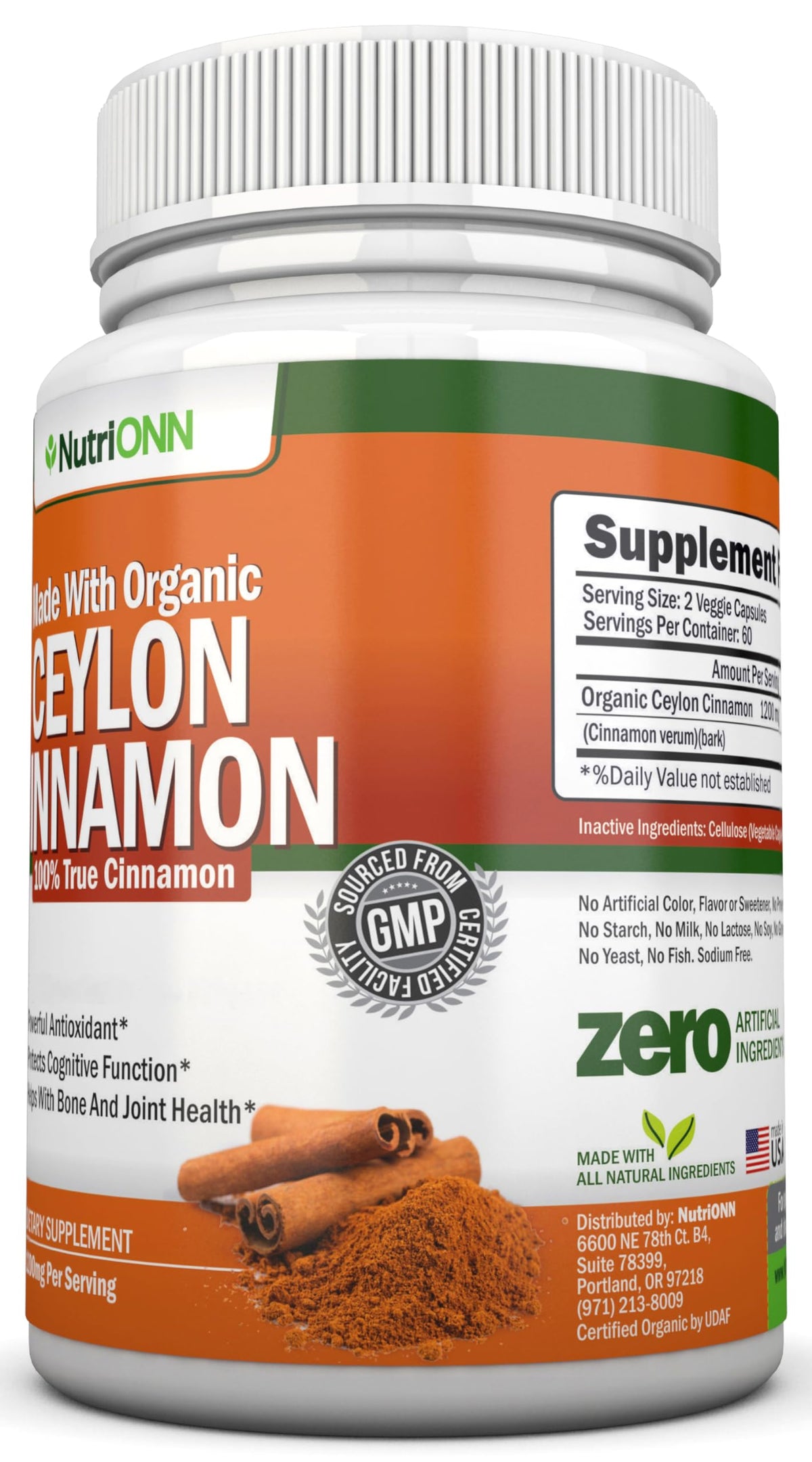 NutriONN Cannelle de Ceylan Bio gélules sur fond blanc