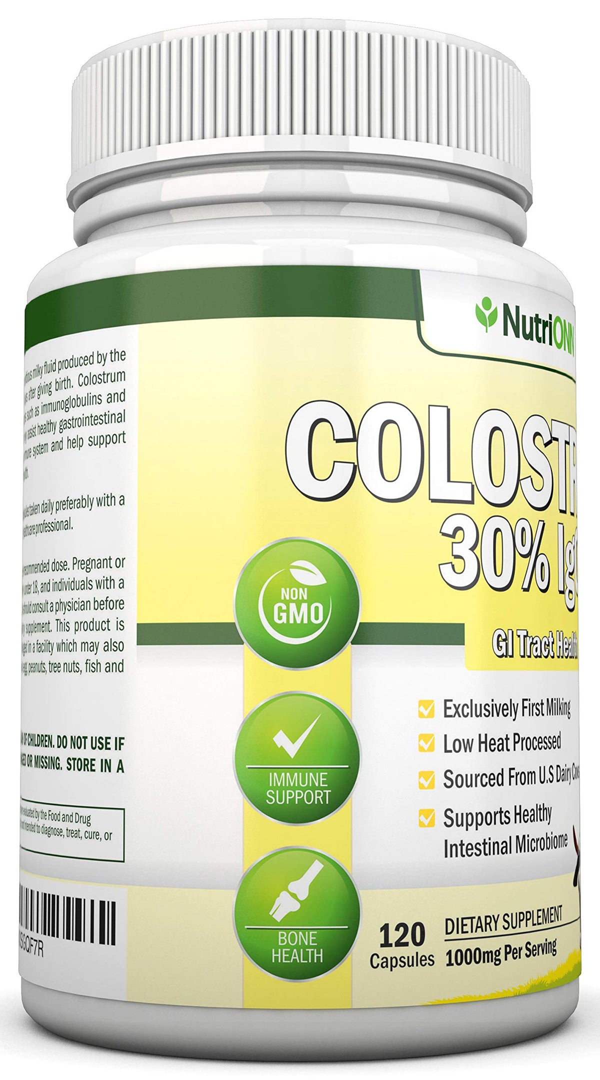 NutriONN Colostrum 1000mg avec des capsules sur une table