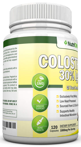 NutriONN Colostrum 1000mg avec des capsules sur une table