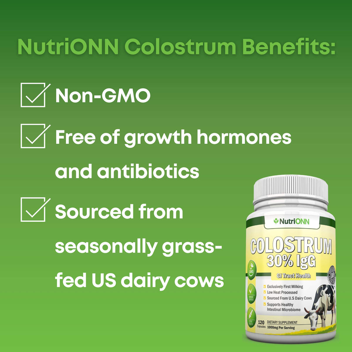 NutriONN Colostrum 1000mg, capsules sur une cuillère en bois
