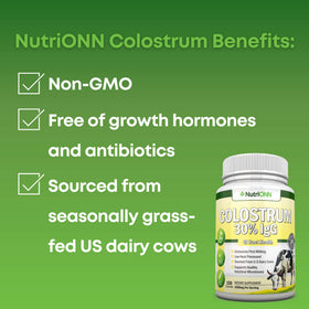NutriONN Colostrum 1000mg, capsules sur une cuillère en bois