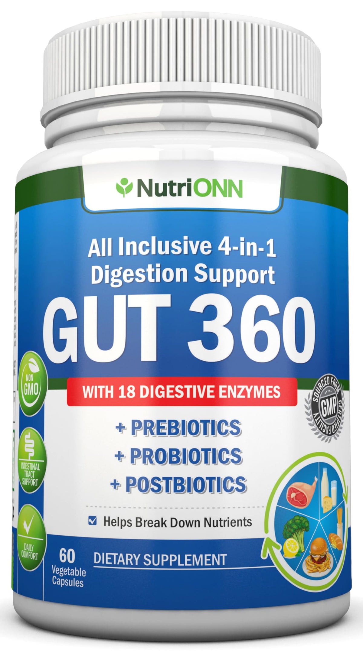 NutriONN Complément Alimentaire 4-en-1 Probiotiques Prébiotiques Enzymes vue de face