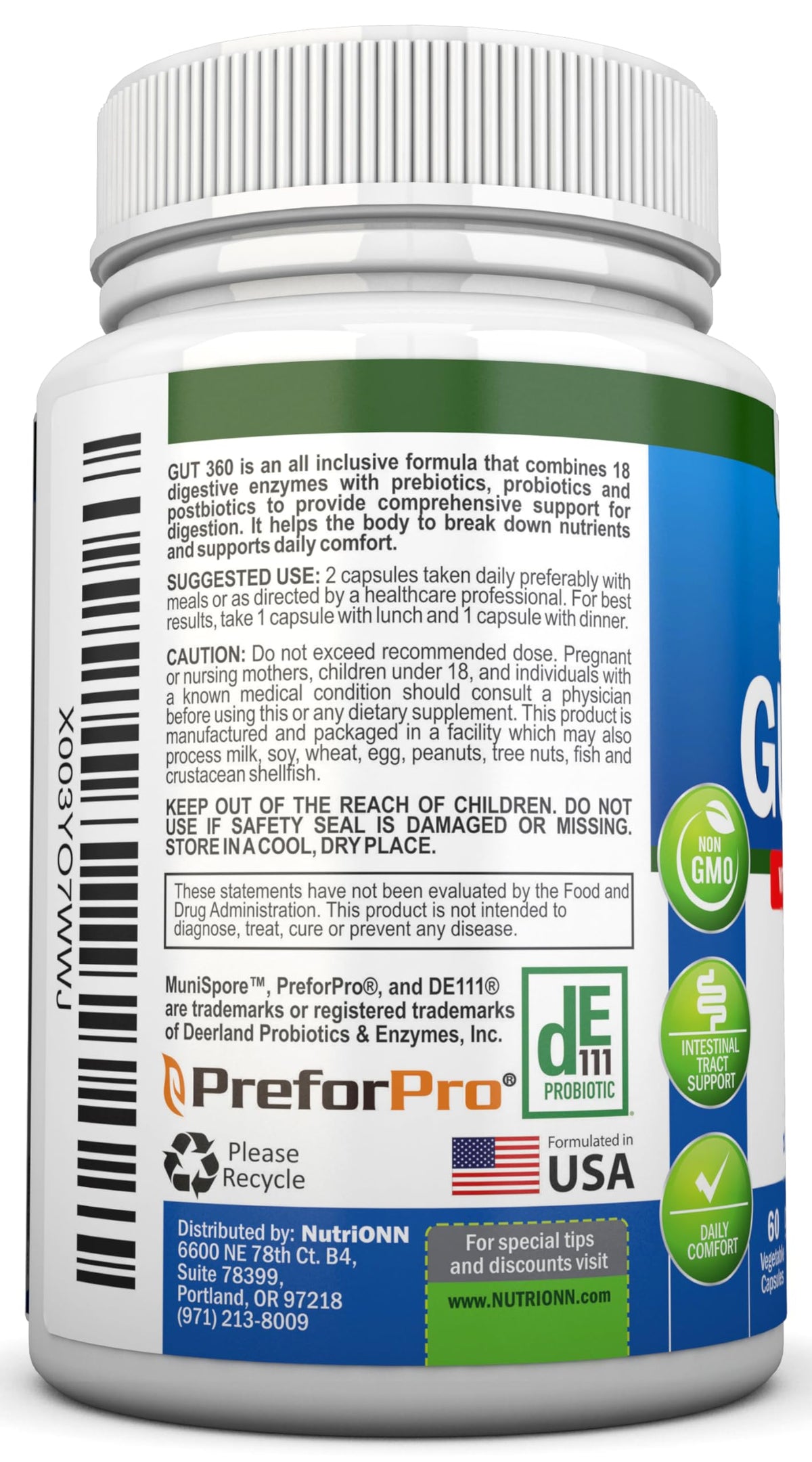 NutriONN Complément Alimentaire 4-en-1 Probiotiques Prébiotiques Enzymes dosage