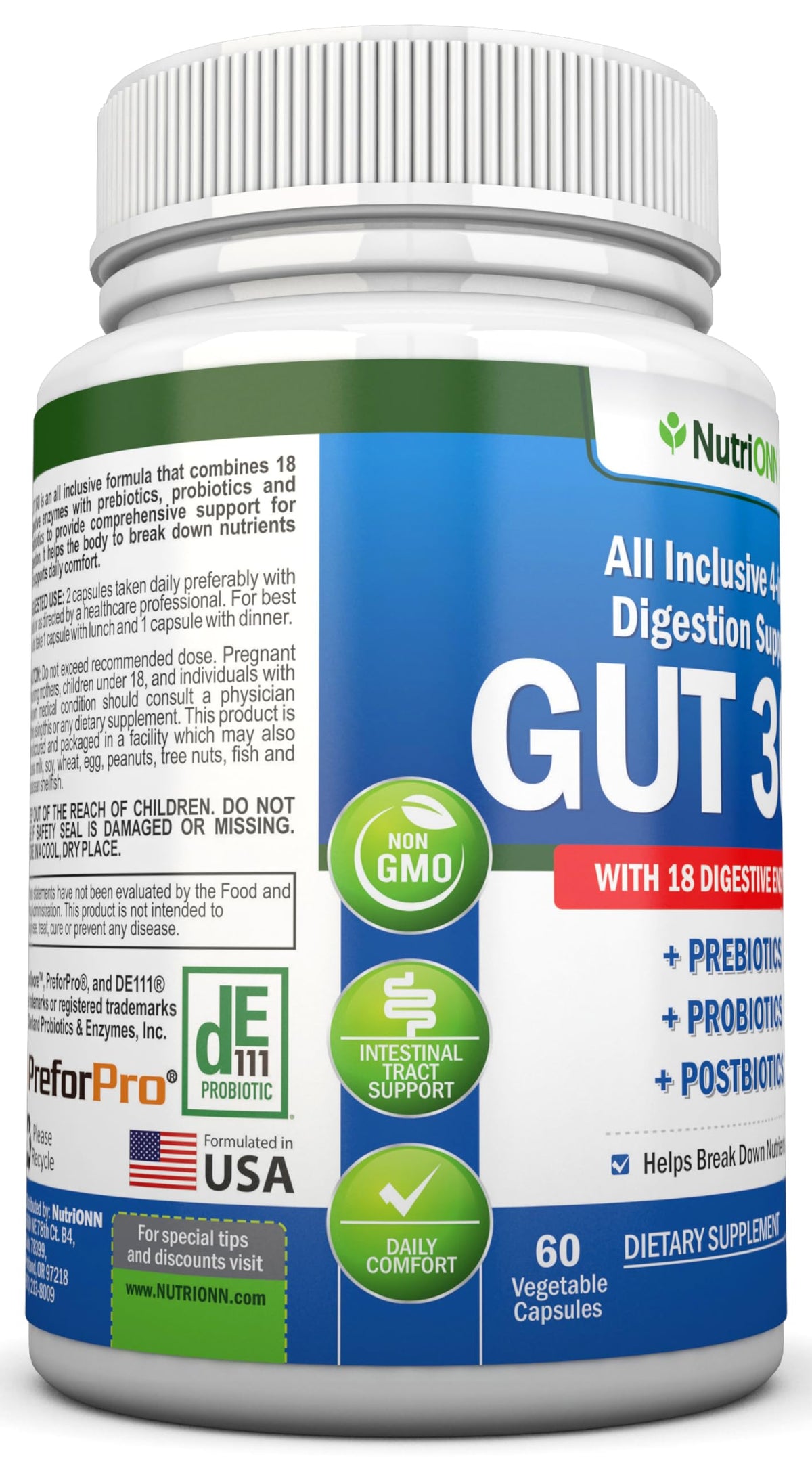 NutriONN Complément Alimentaire 4-en-1 Probiotiques Prébiotiques Enzymes ingrédients