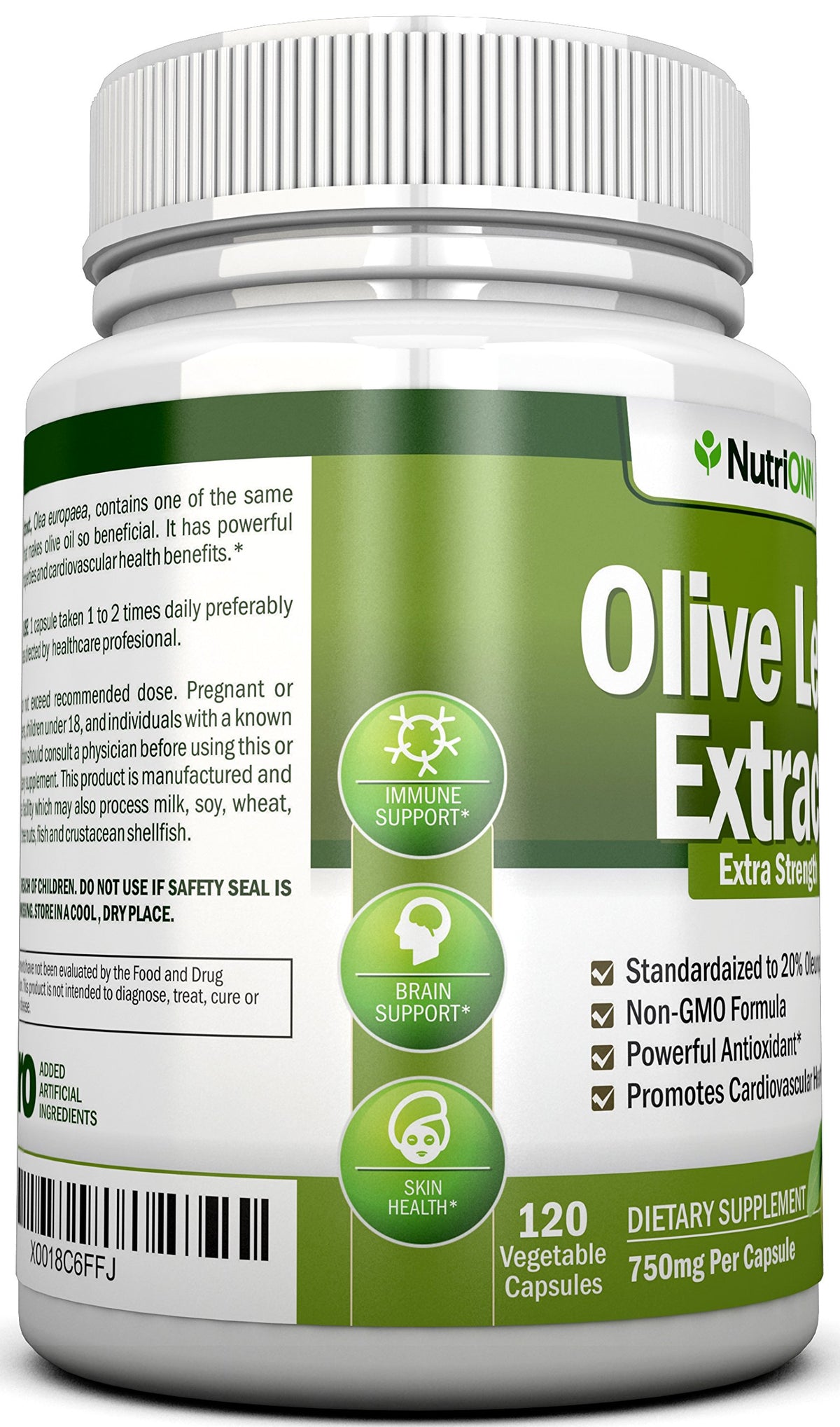 NutriONN Extrait de Feuille d'Olivier 750 mg, capsules sur fond blanc