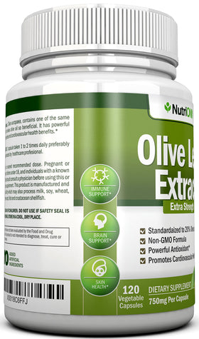 NutriONN Extrait de Feuille d'Olivier 750 mg, capsules sur fond blanc