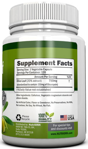 NutriONN Extrait de Feuille d'Olivier 750 mg, étiquette avant