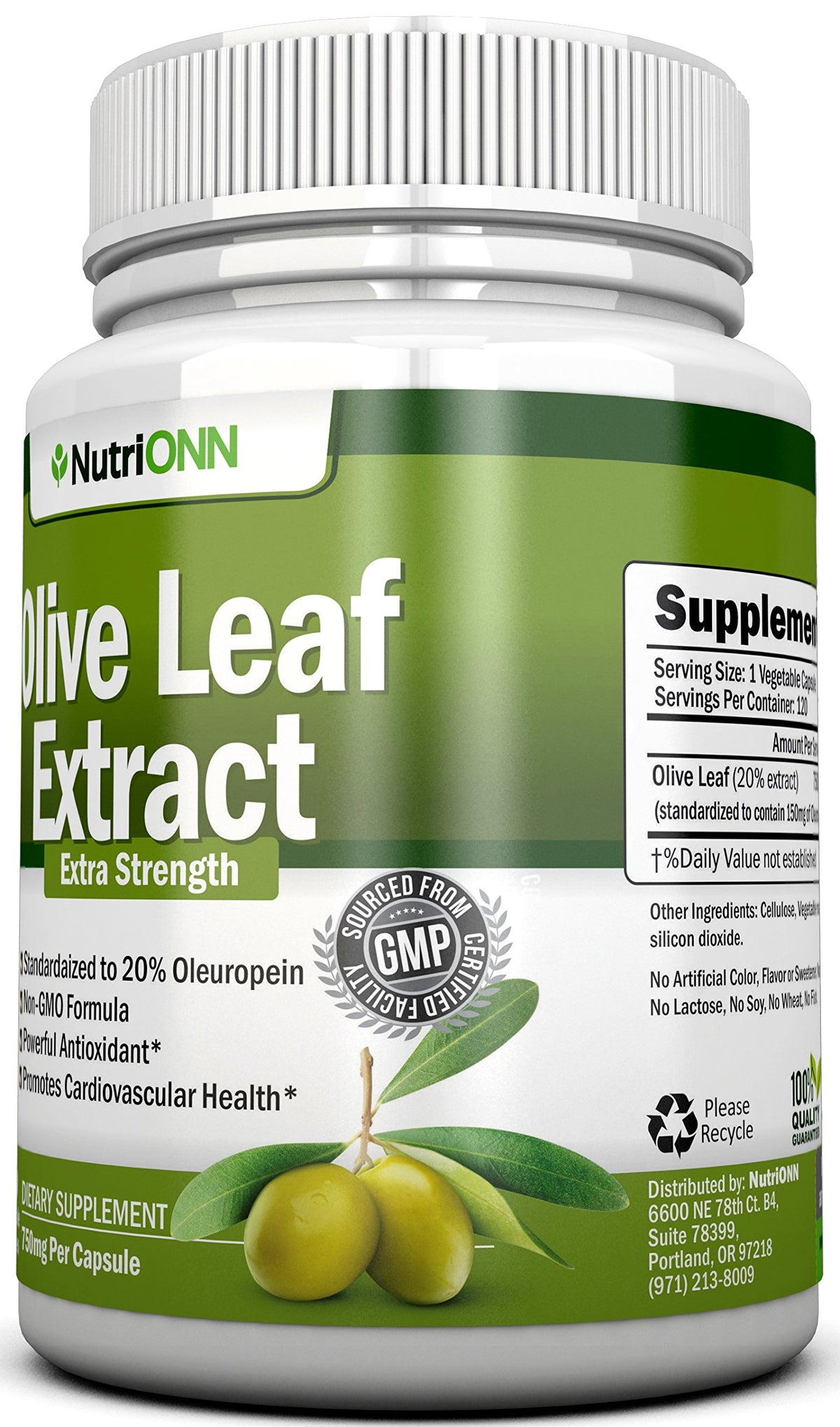 NutriONN Extrait de Feuille d'Olivier 750 mg, flacon ouvert avec capsules