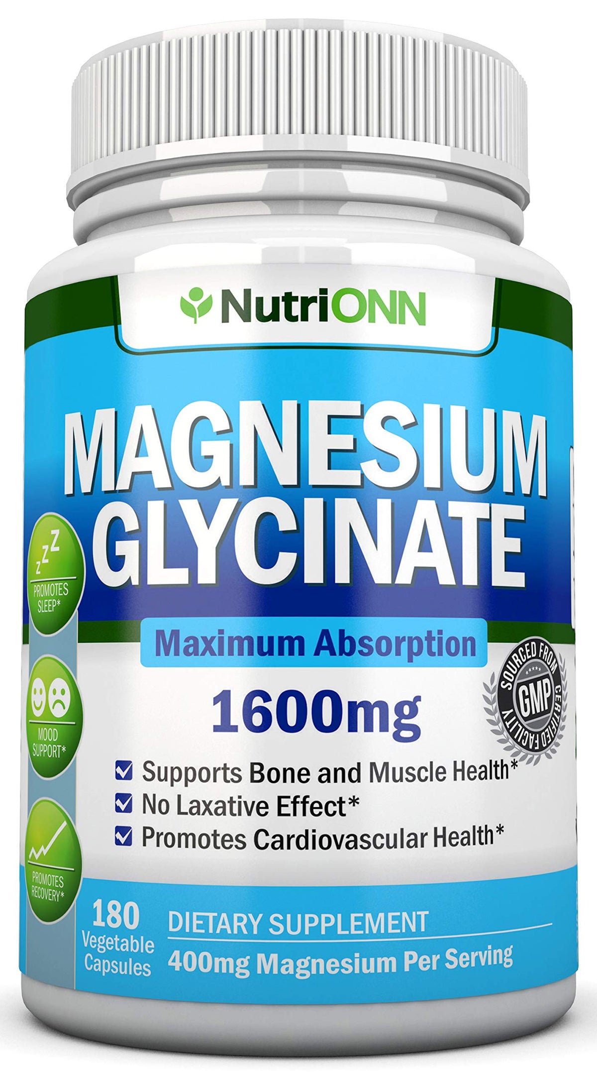 NutriONN Glycinate de Magnésium 1600 mg 180 capsules végétales vue de face