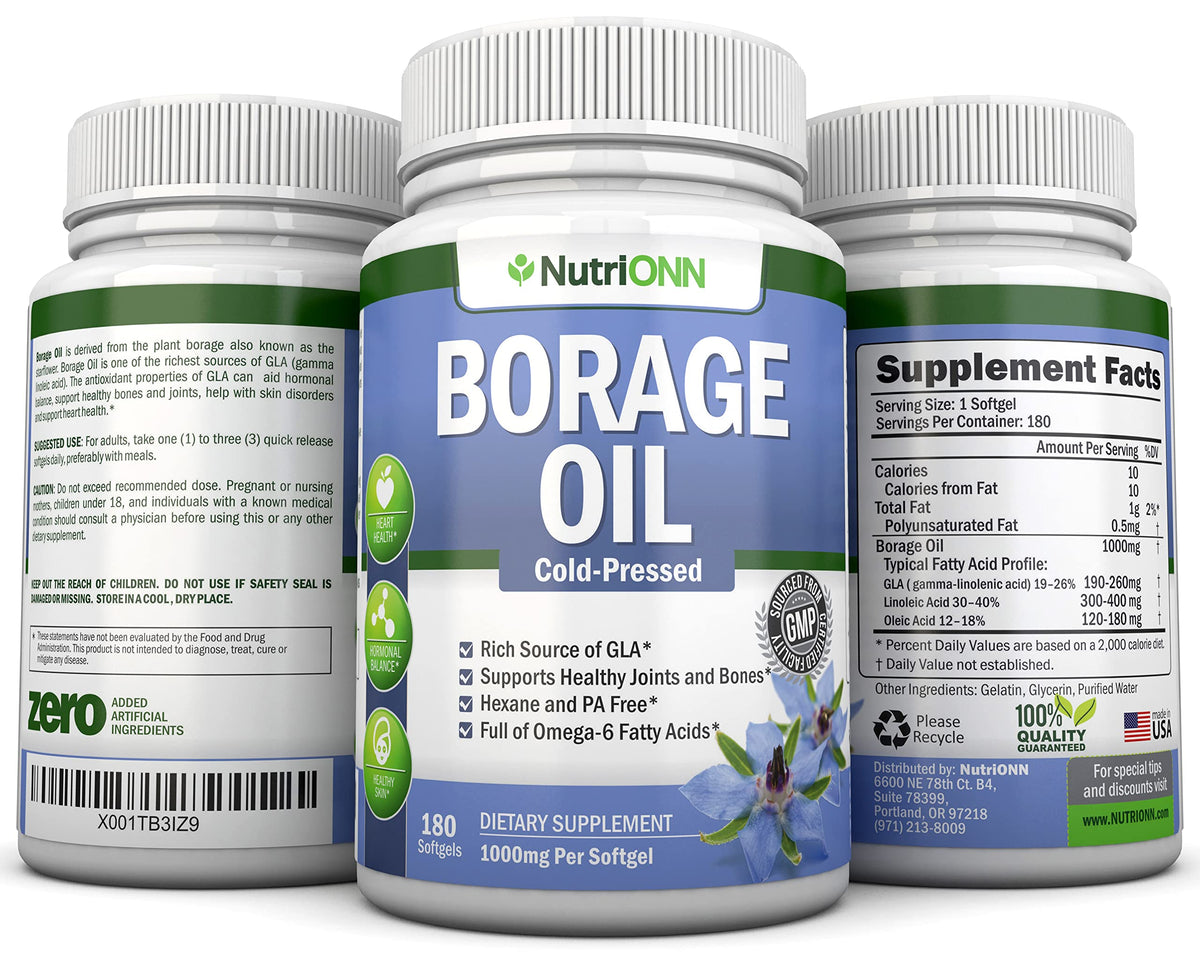 NutriONN Huile de Bourrache 1000 mg gélules molles sur fond blanc