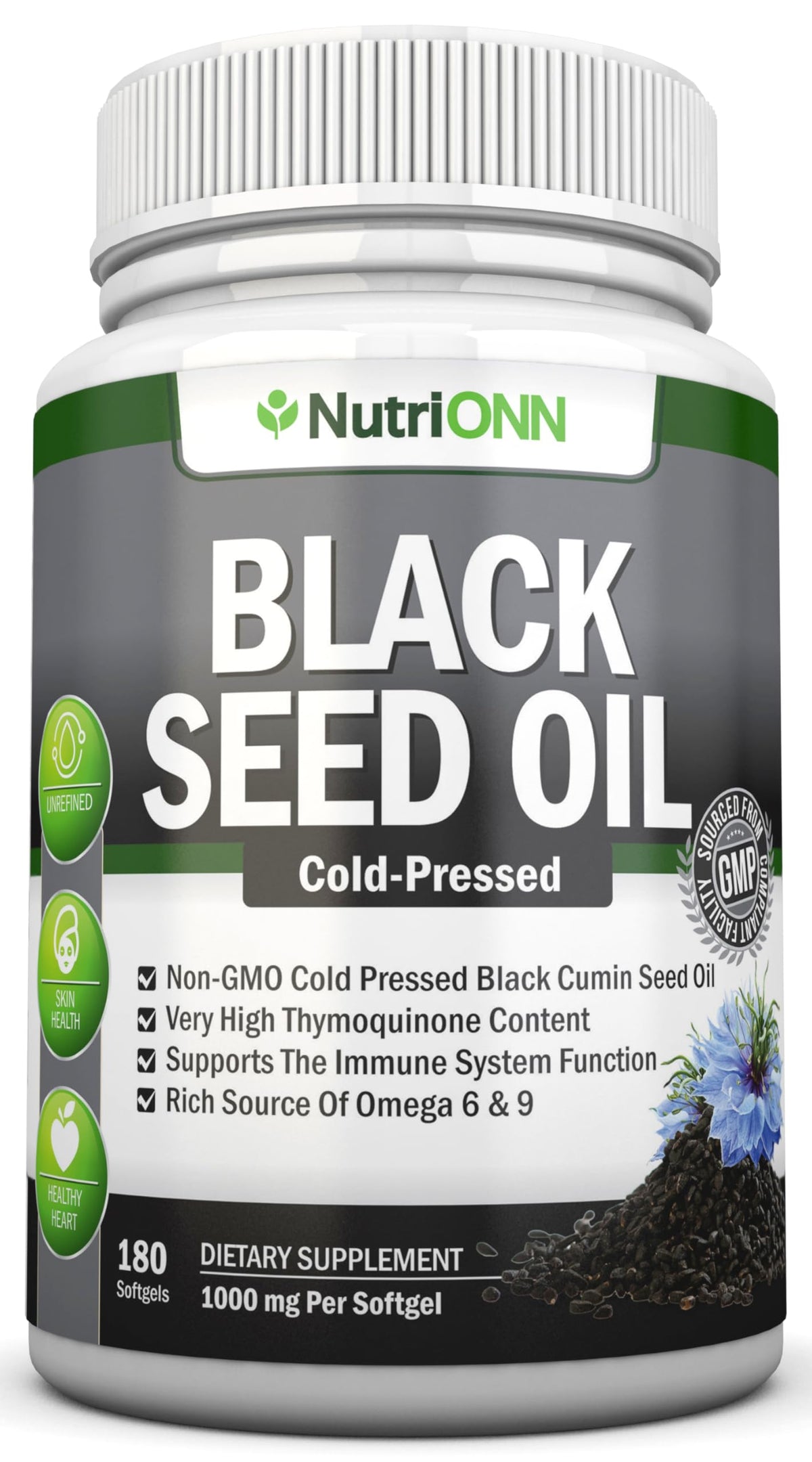 NutriONN Huile de Graines Noires 1000 mg 180 Gélules Molles, vue de face