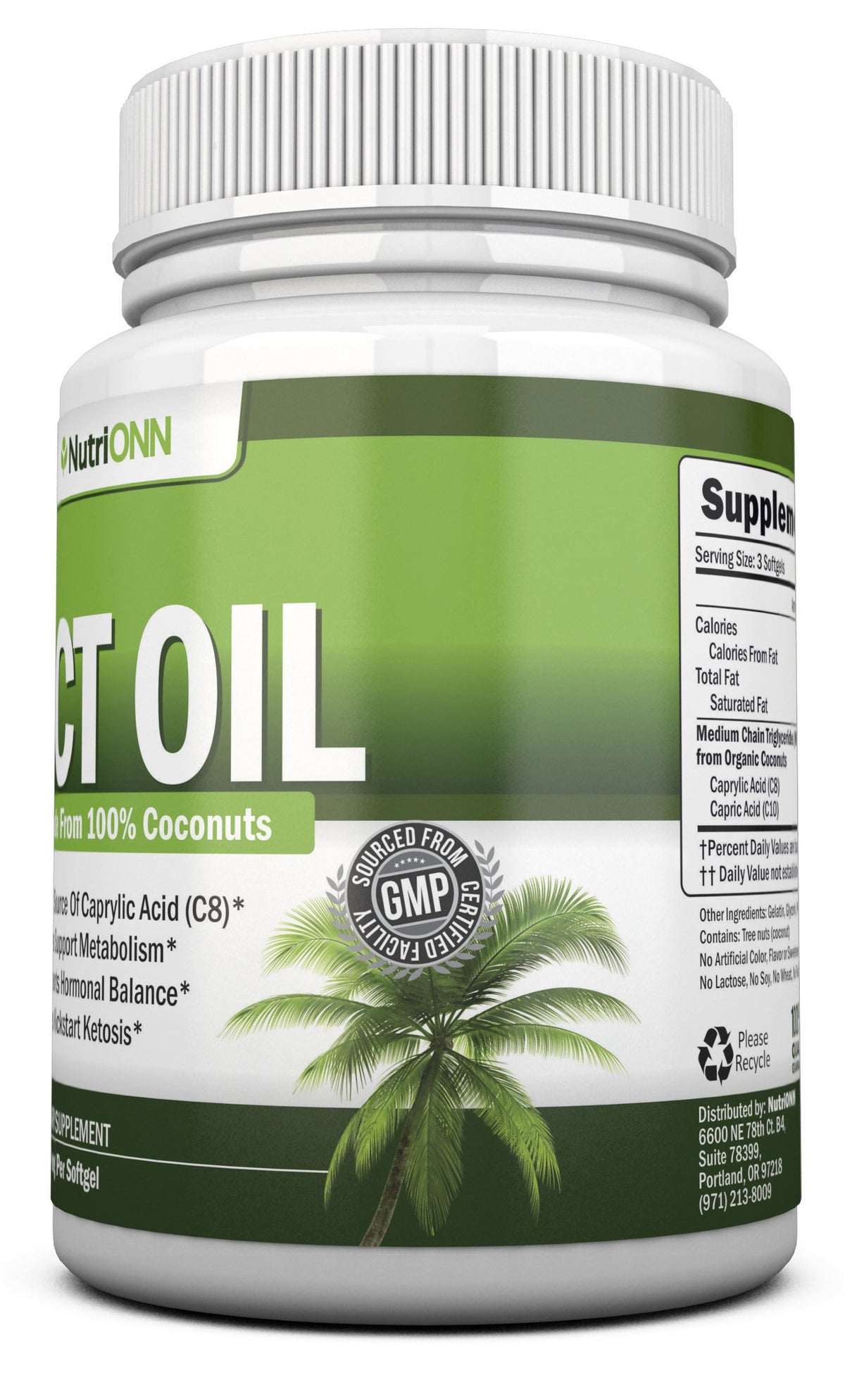NutriONN Huile MCT 180 capsules à côté d'une tasse de café