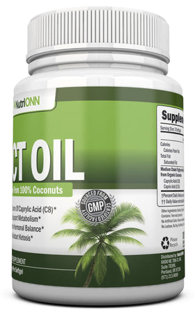 NutriONN Huile MCT 180 capsules à côté d'une tasse de café
