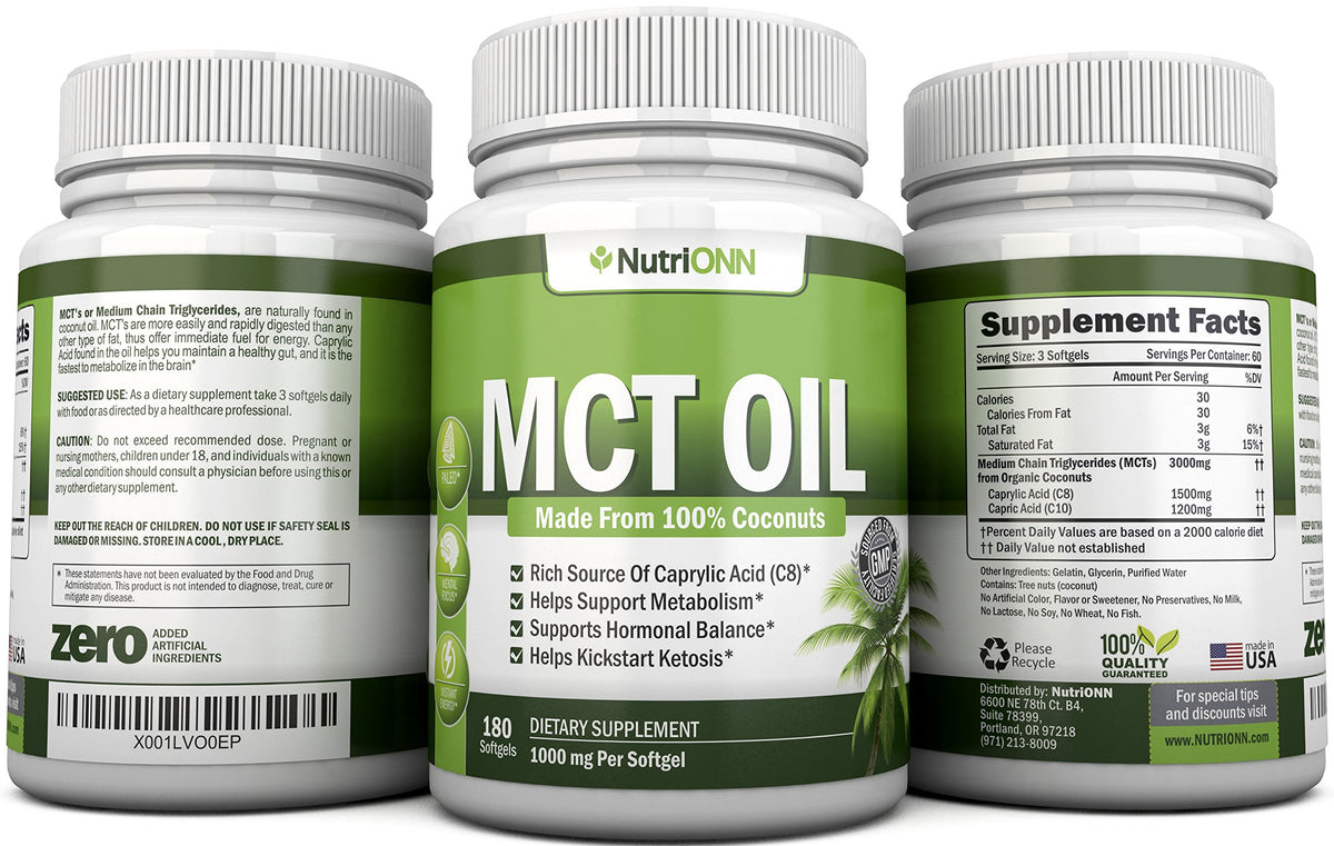 NutriONN Huile MCT 180 capsules sur un fond blanc