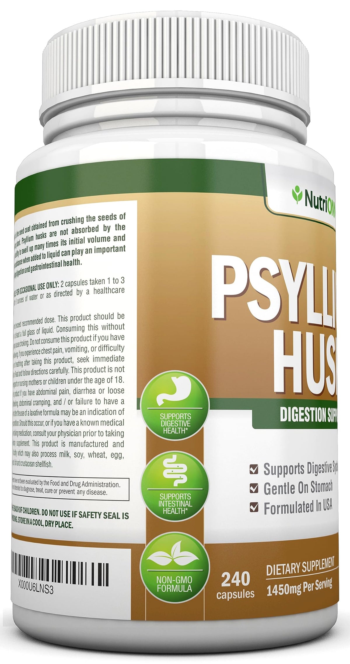 NutriONN Psyllium Husk Capsules 1450mg avec étiquette
