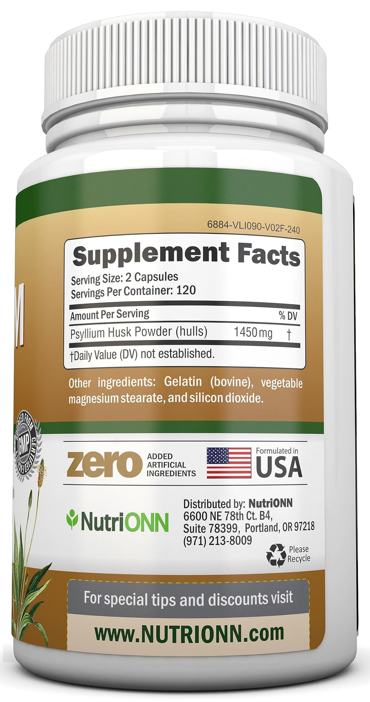 NutriONN Psyllium Husk Capsules 1450mg flacon arrière