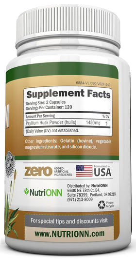 NutriONN Psyllium Husk Capsules 1450mg flacon arrière