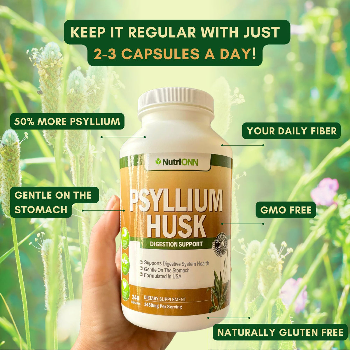 NutriONN Psyllium Husk Capsules 1450mg vue de côté