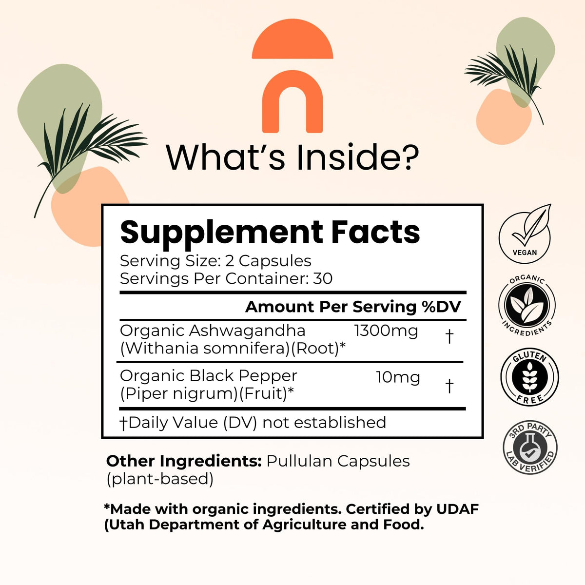 NutriRise Ashwagandha Bio 1300mg Capsules flacon arrière