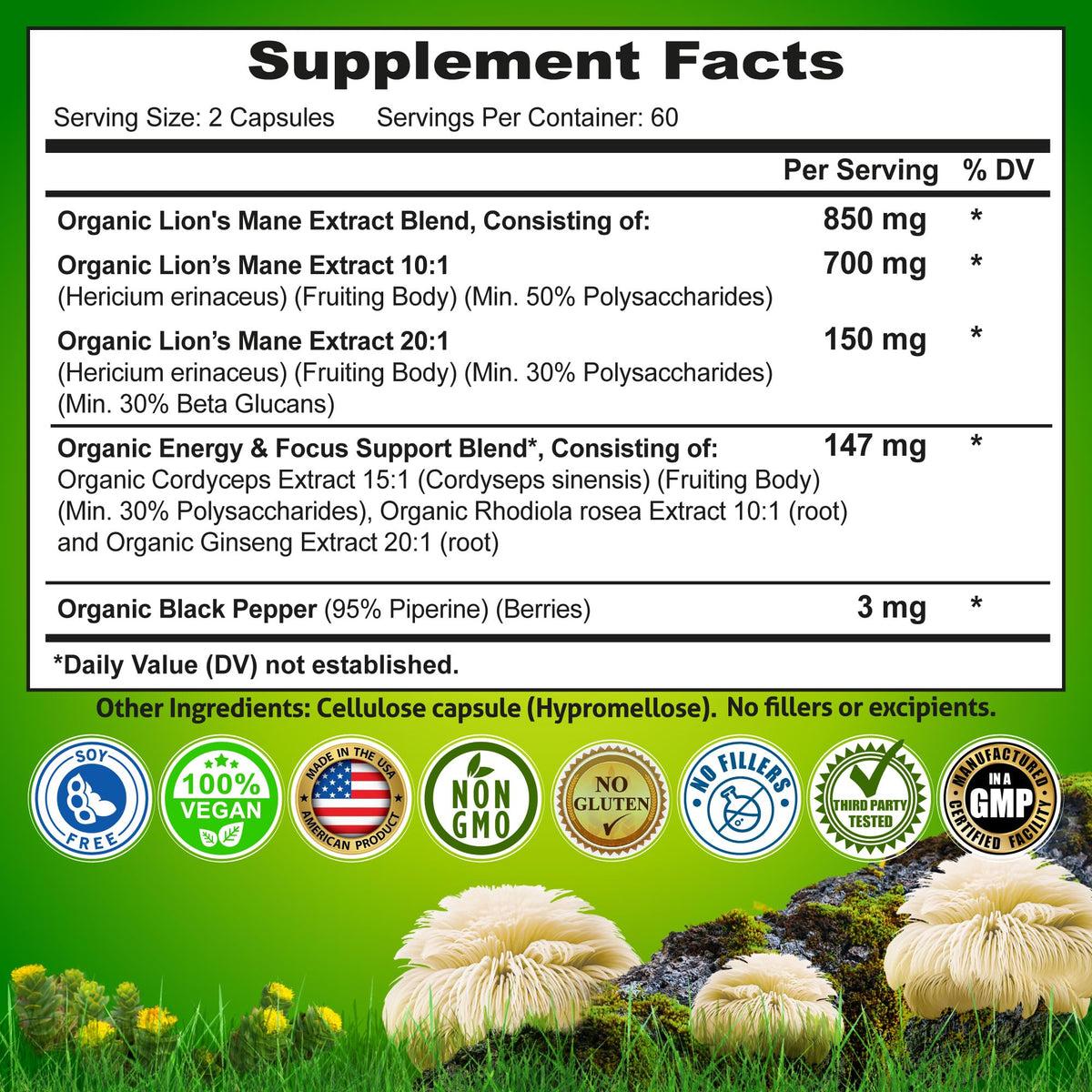 Nutrition Restore capsules de champignon Lion's Mane 700mg en milieu naturel