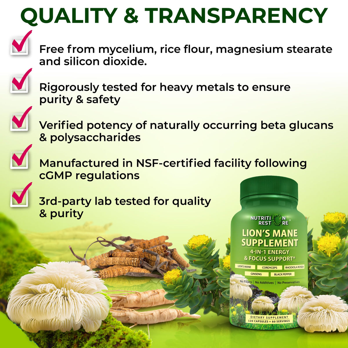 Nutrition Restore capsules de champignon Lion's Mane 700mg sur fond blanc