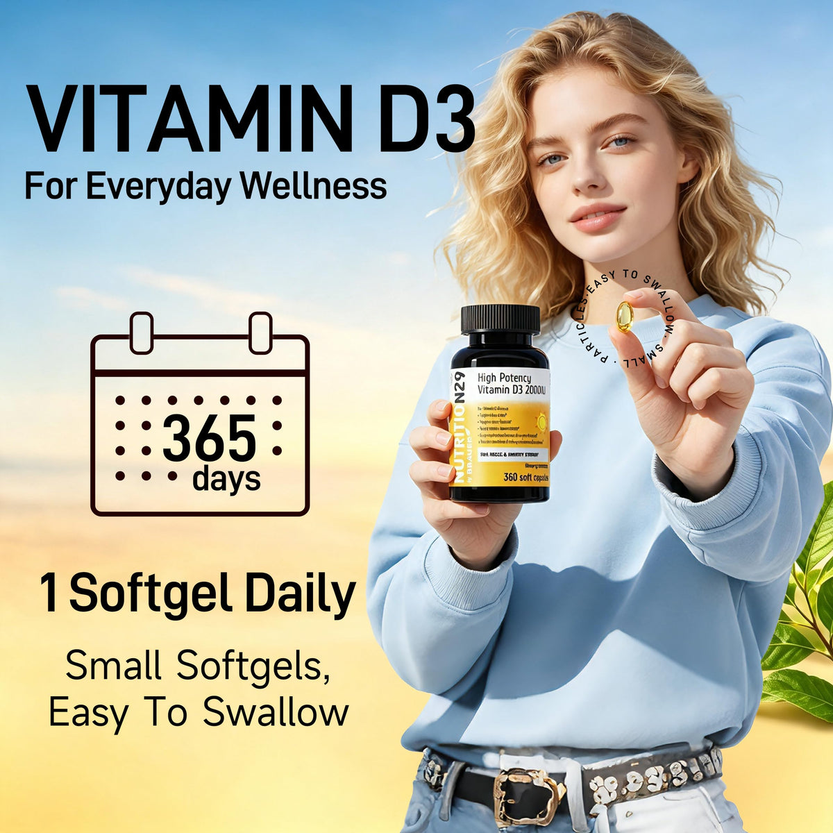 NUTRITION29 Vitamine D3 2000 UI gélules sur un fond neutre
