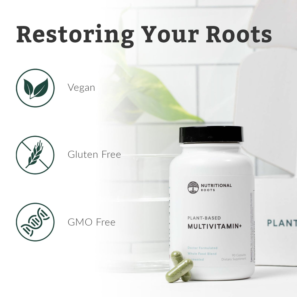 Nutritional Roots Multivitamine Végétale ouvert avec capsules visibles