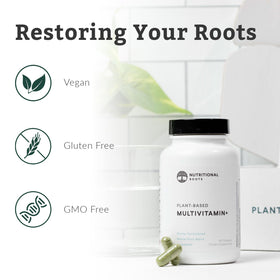 Nutritional Roots Multivitamine Végétale ouvert avec capsules visibles