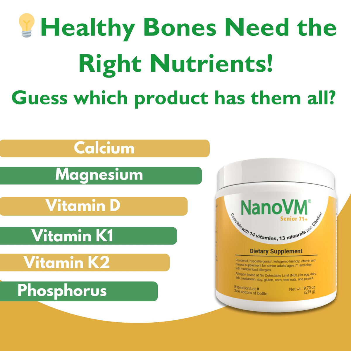 Nutritionnel de NanoVM Senior 71+ avec ingrédients clés