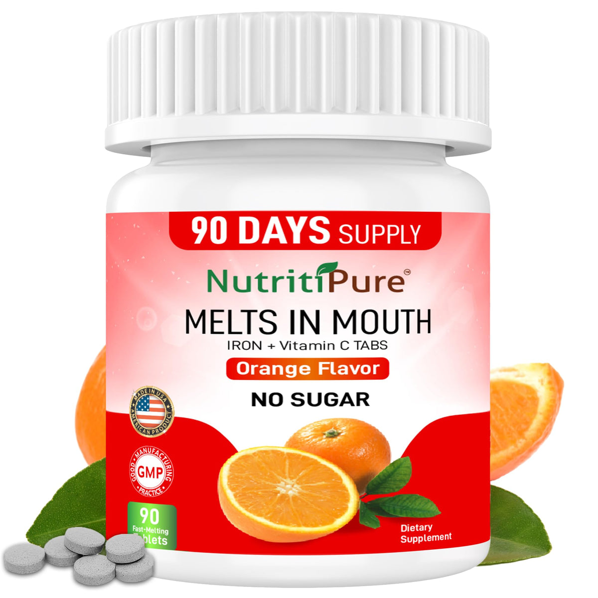 NutritiPure comprimés de fer 18 mg avec goût orange, vue de l'emballage avant