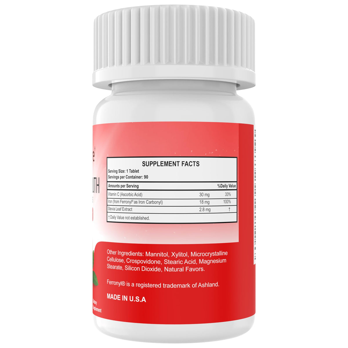 NutritiPure comprimés de fer 18 mg avec Vitamine C, ingrédients naturels