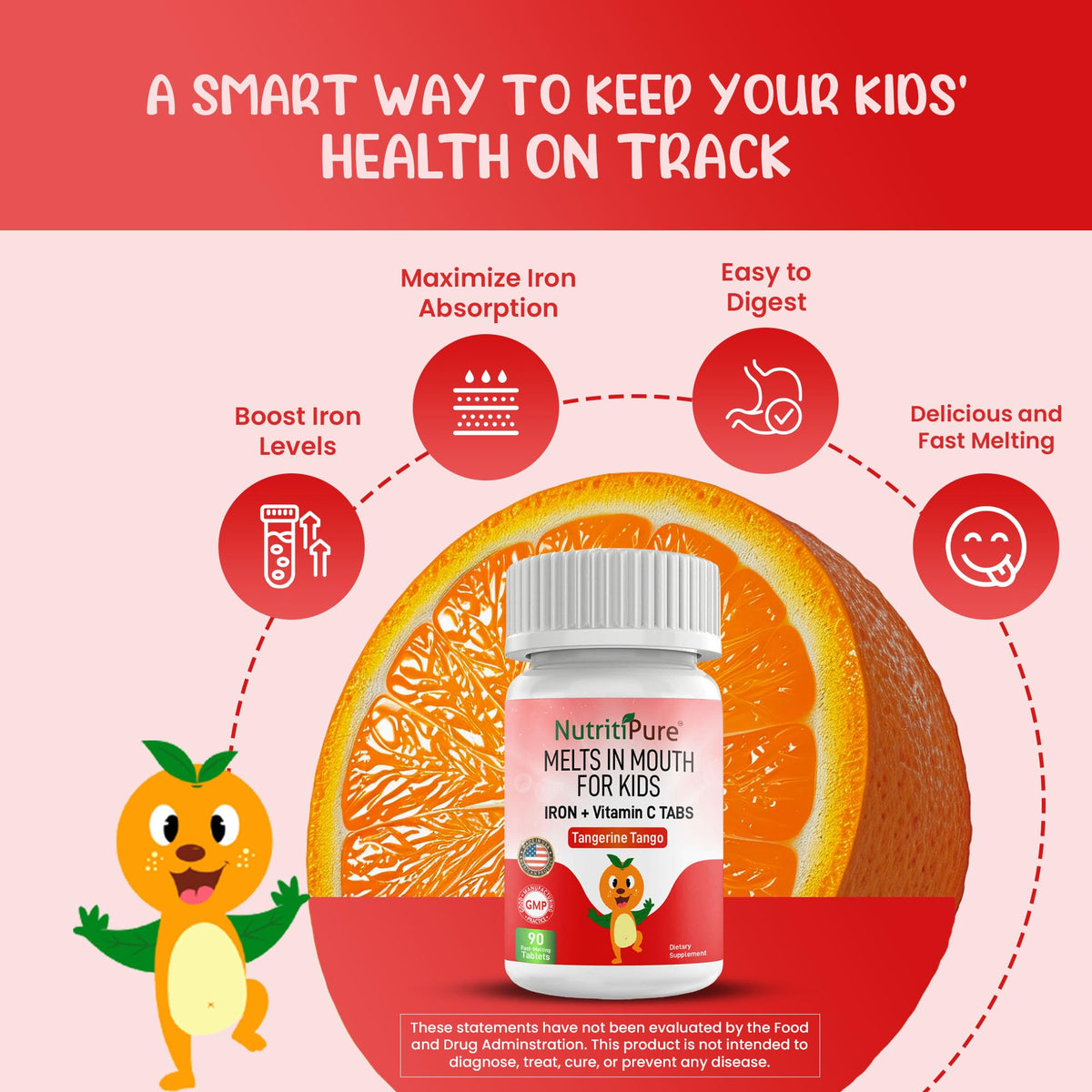 NutritiPure Fer 9mg comprimés orange avec étiquette nutritionnelle