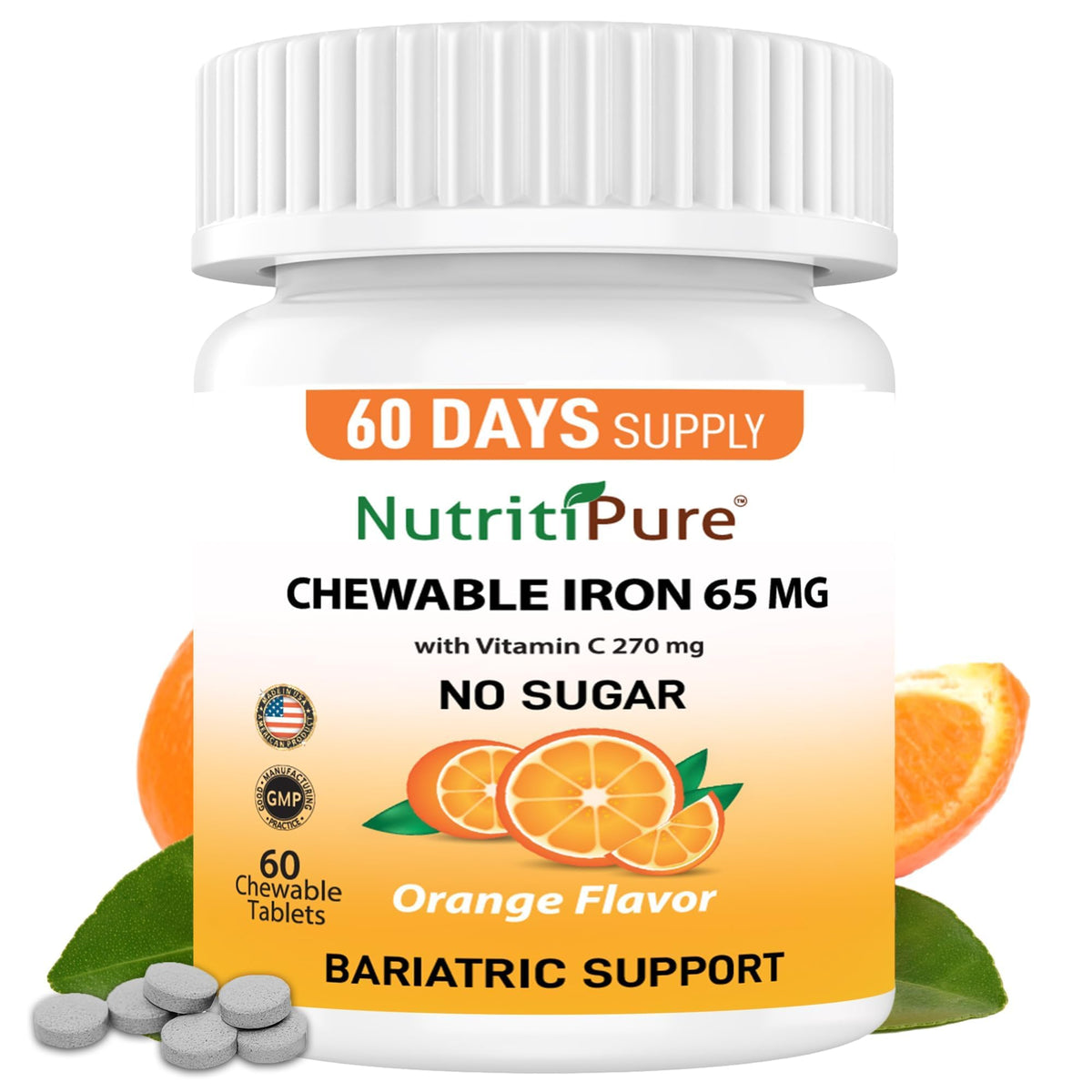 NutritiPure Fer Chéwable 65 mg avec Vitamine C devant l'emballage