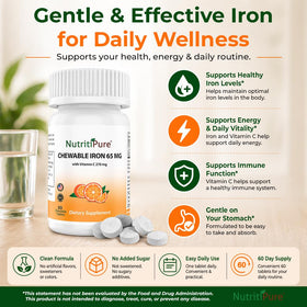 NutritiPure Fer Chéwable 65 mg, comprimés à croquer à côté d'un verre d'eau