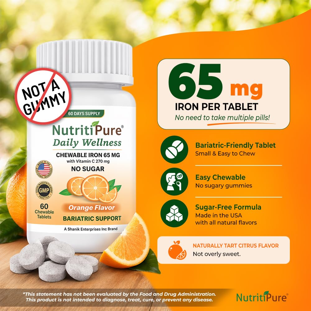NutritiPure Fer Chéwable 65 mg, comprimés à croquer avec saveur d'agrumes