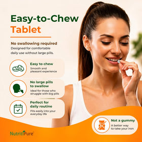 NutritiPure Fer Chéwable 65 mg, étiquette du produit avec détails de composition