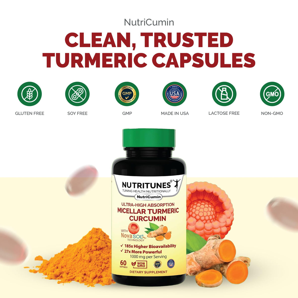 Nutritunes NutriCumin NovaSOL Curcuma gélules molles avec verre d'eau