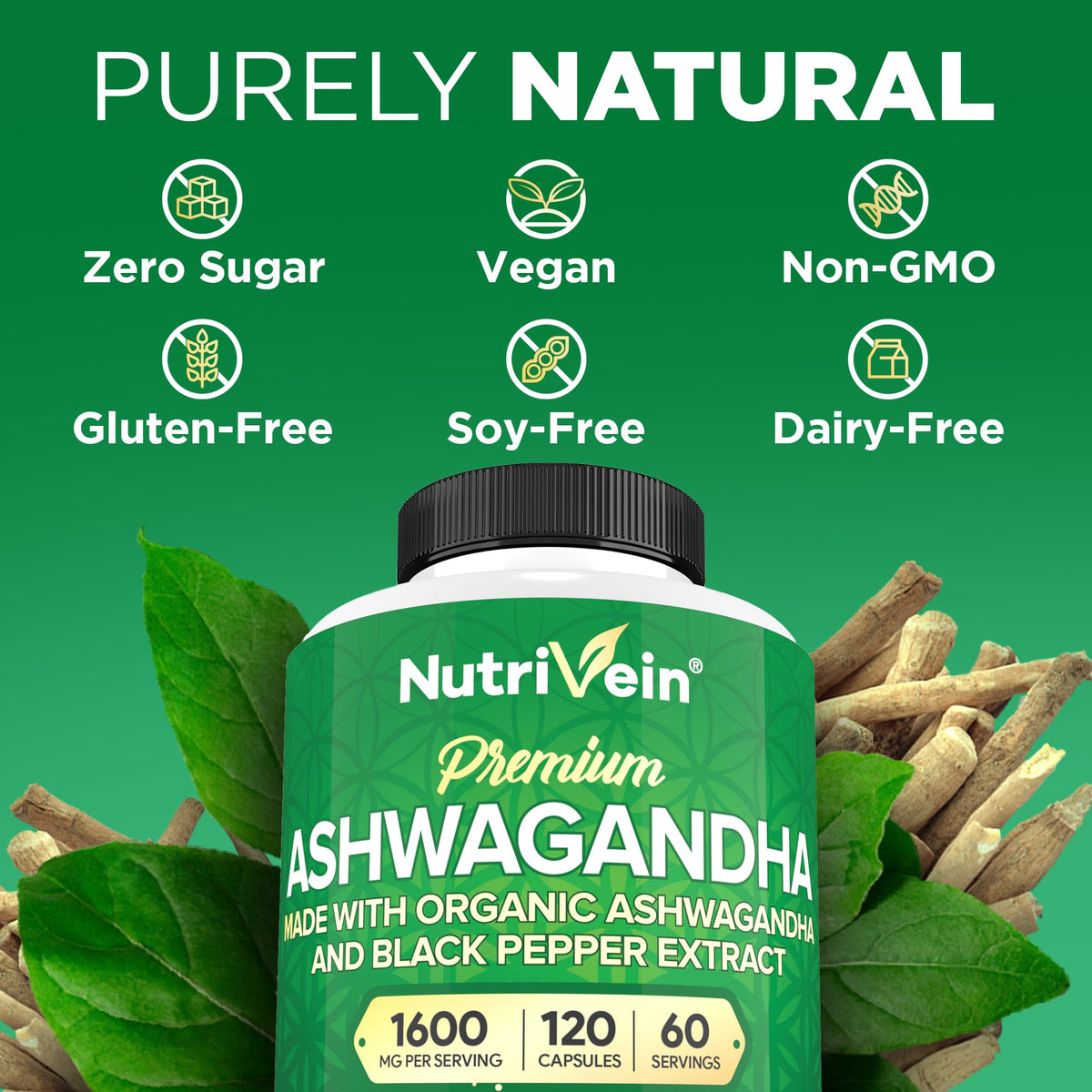 Nutrivein Ashwagandha Racine 1600 mg capsules ouvertes avec contenu visible