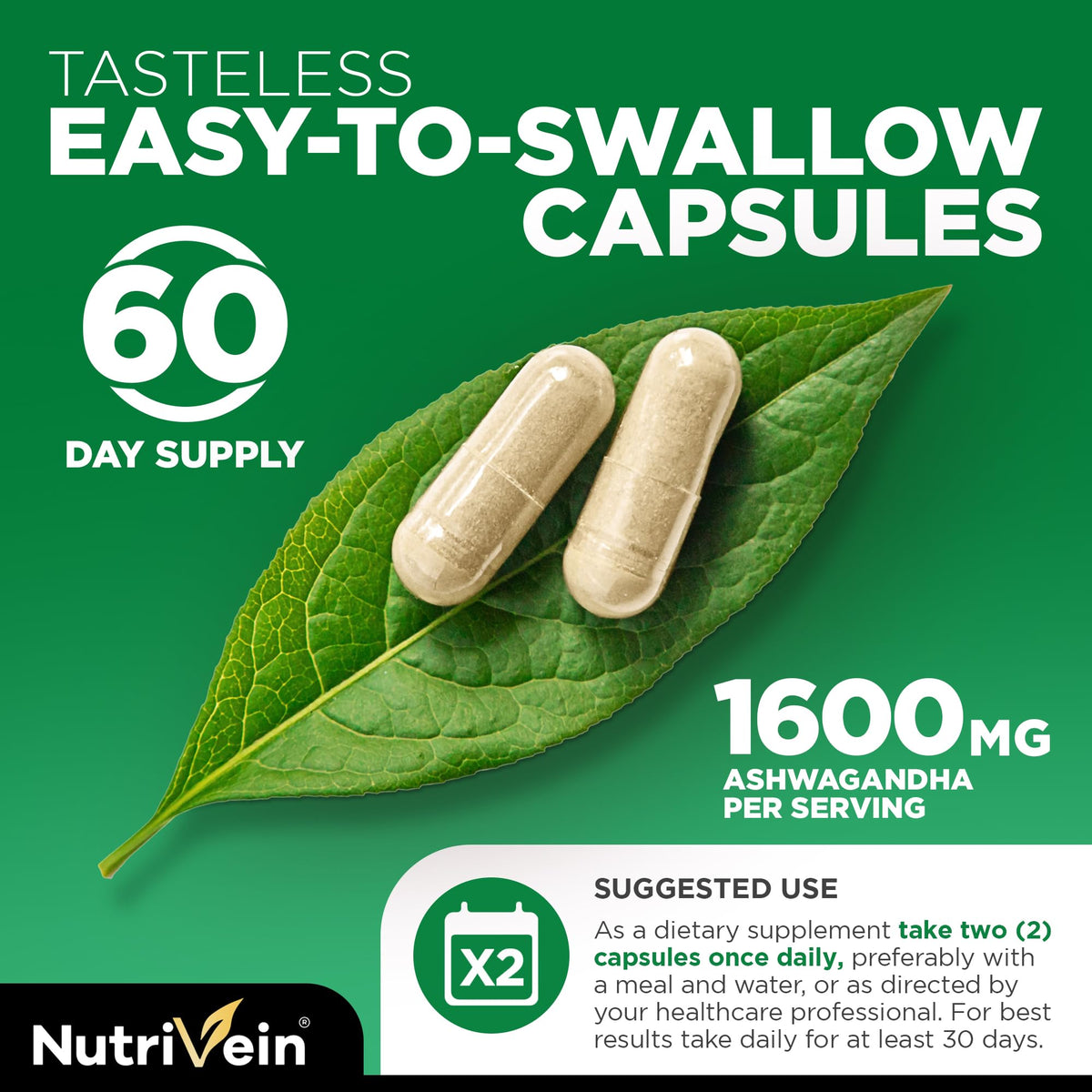 Nutrivein Ashwagandha Racine 1600 mg capsules sur un fond neutre