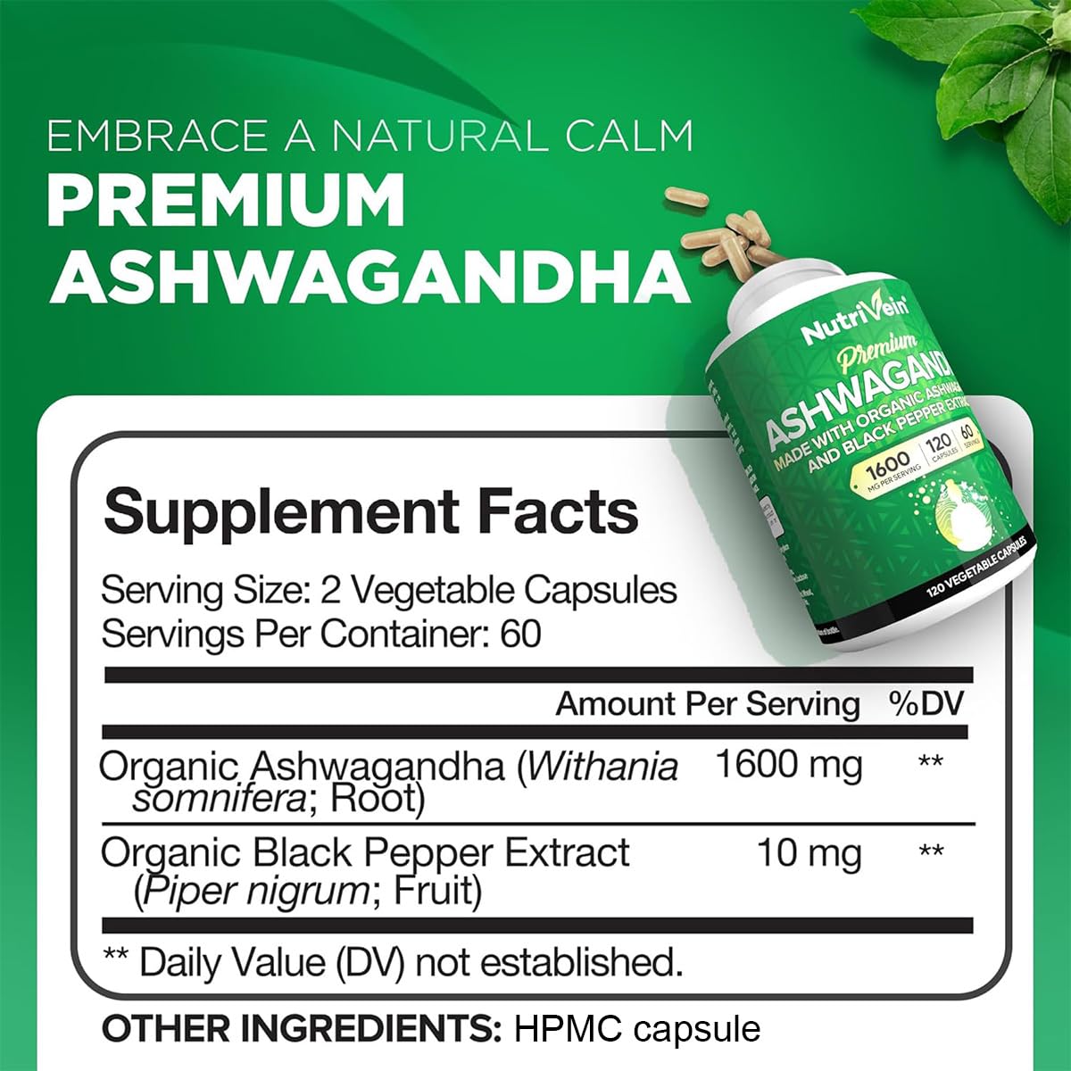Nutrivein Ashwagandha Racine 1600 mg capsules végétales sur une table