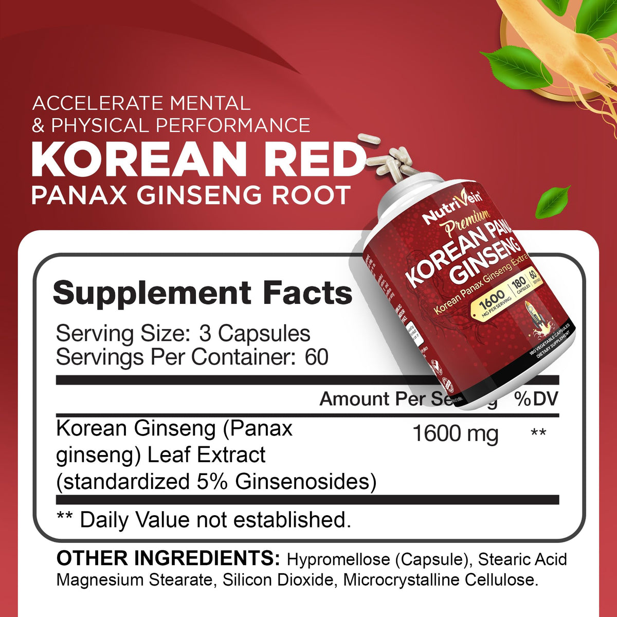 Nutrivein Ginseng Rouge Coréen 180 capsules packaging