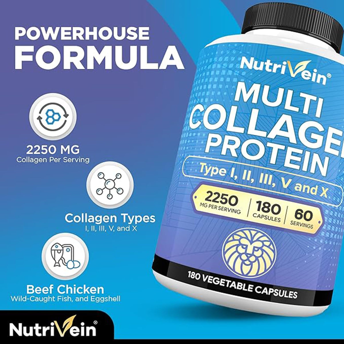 Nutrivein Multi Collagen Peptides 2250 mg 180 Capsules - présentation des capsules