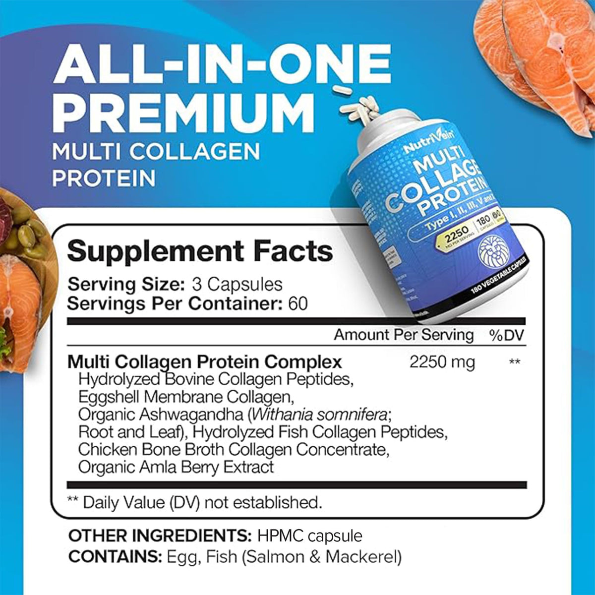 Nutrivein Multi Collagen Peptides 2250 mg 180 Capsules - vue de dos