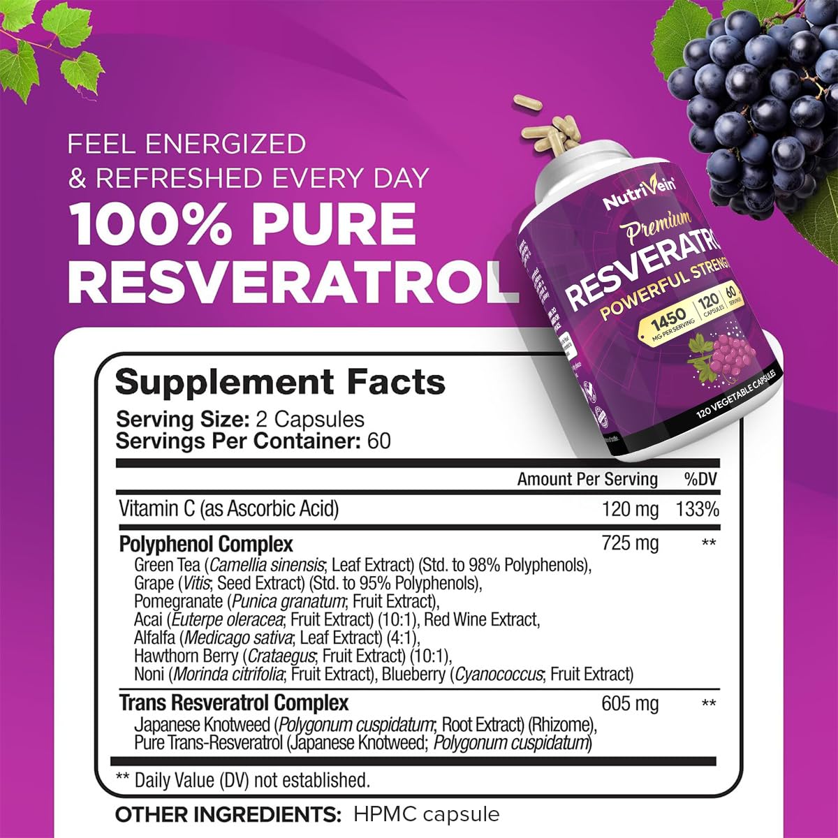 Nutrivein Resvératrol 1450 mg capsules sur fond blanc