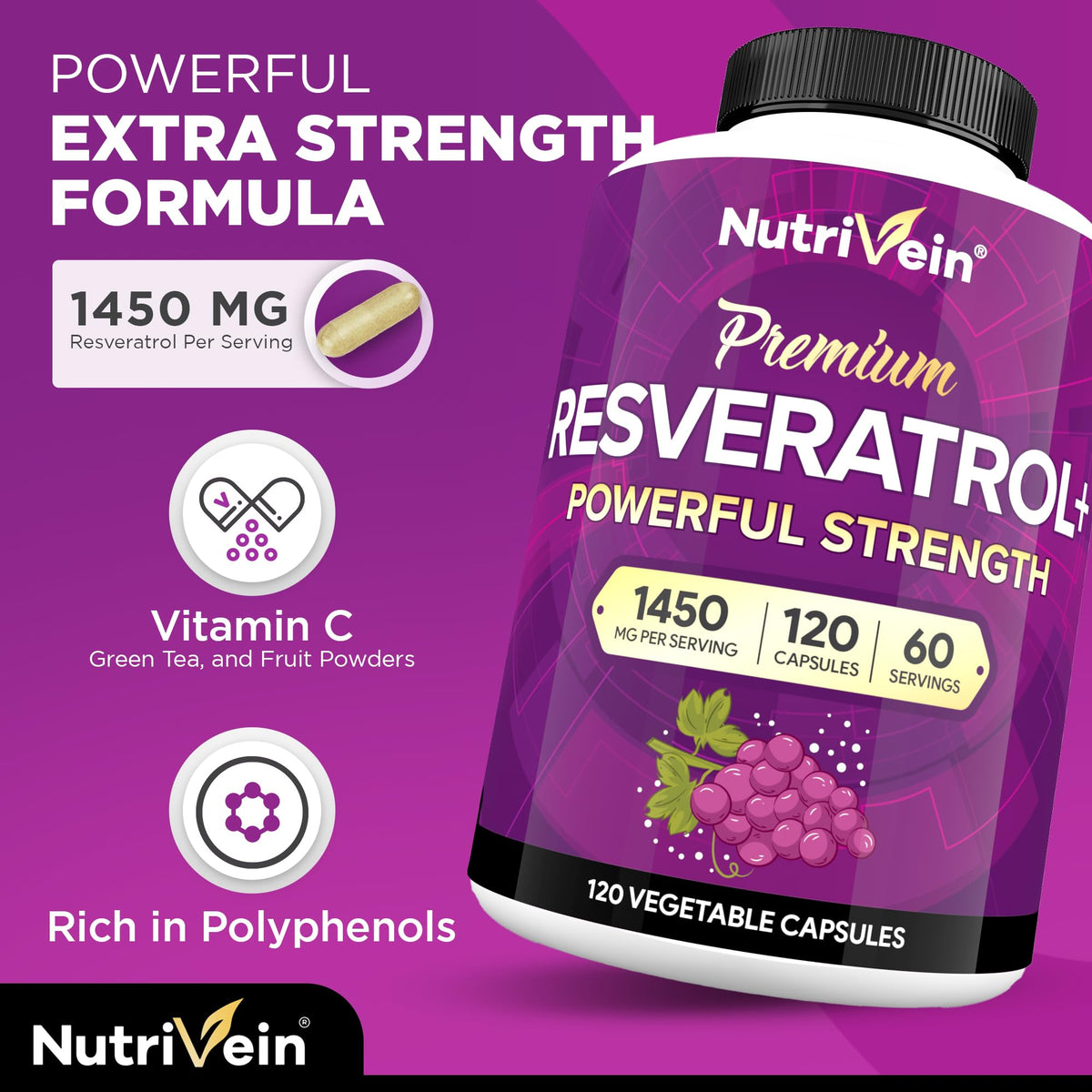 Nutrivein Resvératrol 1450 mg gélules avec étiquette claire