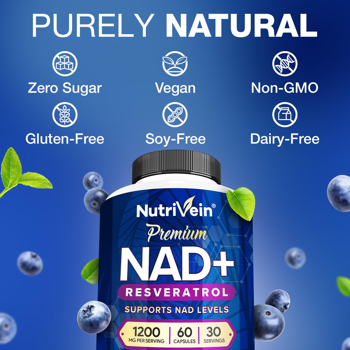 Nutrivein Resvératrol NAD+ avec ingrédients sur fond blanc