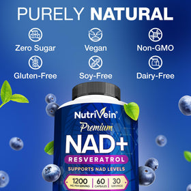 Nutrivein Resvératrol NAD+ avec ingrédients sur fond blanc
