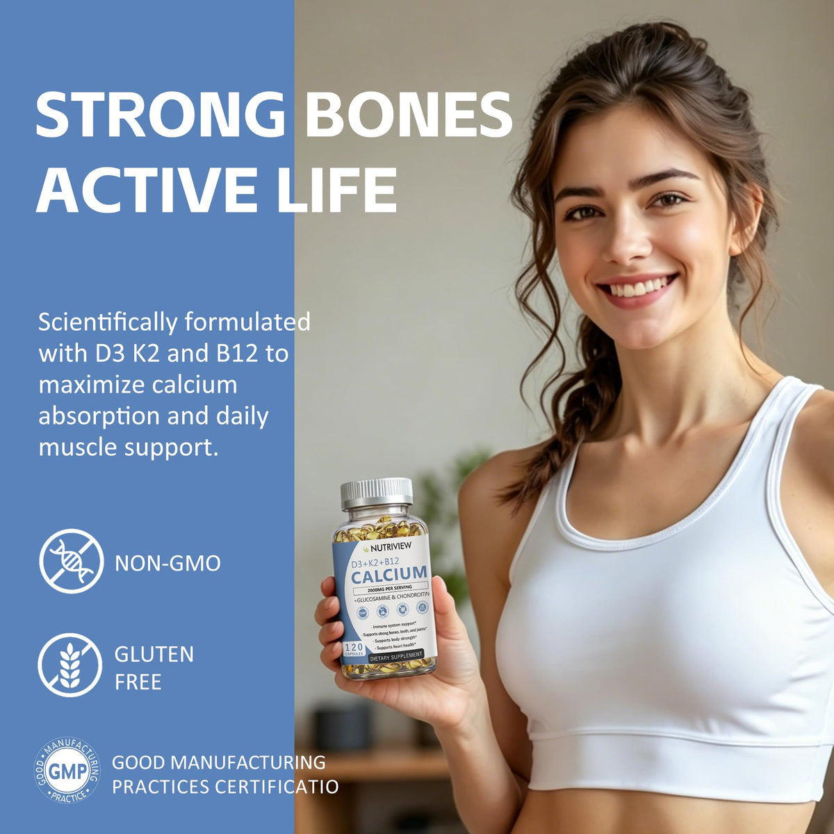 Nutriview Calcium 2000 mg D3 K2 B12 Glucosamine avec d'autres compléments alimentaires