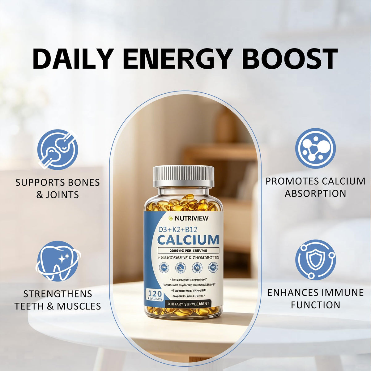 Nutriview Calcium 2000 mg D3 K2 B12 Glucosamine capsules sur une table