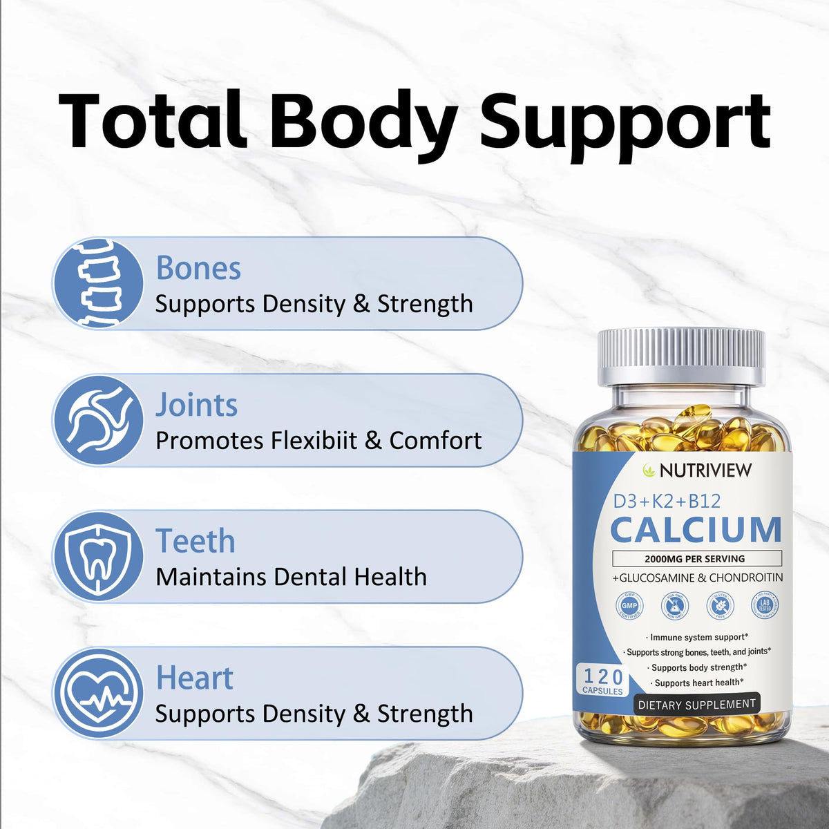 Nutriview Calcium 2000 mg D3 K2 B12 Glucosamine contenu du pot